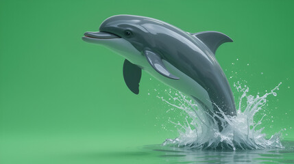 Obraz premium Beautiful, realistic 3d dolphin is jumping and emerging from the water, on a solid green screen background, perfect for chroma keying