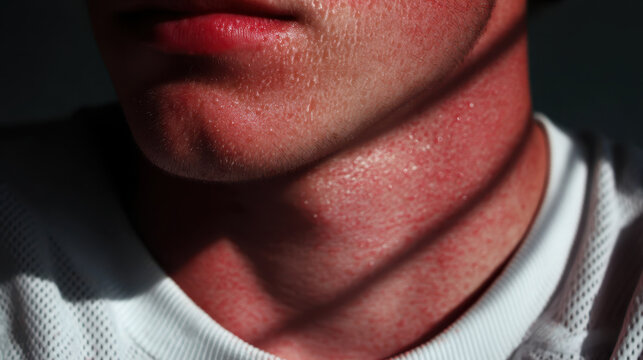 Close up shot of neck and collarbone area, showcasing skin texture and sweat droplets, illuminated by soft light