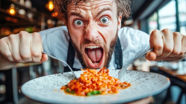 A Hungry Chef's Passionate Plate: A Close-Up of a Man Ravenously Devouring a Delicious Dish