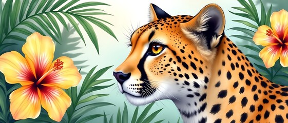 Artistic Portrait of a Cheetah with Hibiscus Flowers and Tropical Foliage in a Colorful and Exotic Watercolor Style Illustration                      
