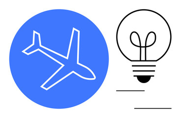 Minimal airplane in blue circle paired with glowing light bulb for creativity, travel, technology, inspiration, problem-solving, brainstorming, and innovation. Ideal for flat simple metaphor