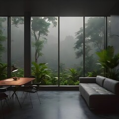 Study room design or Home office workspace setup with a cloudy mountain jungle view. A modern home office bathed in natural light offers a tranquil workspace with breathtaking views of cloudy jungle.