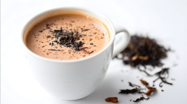 Warm and Aromatic Hojicha Latte in White Cup with Tea Leaves on Surface
