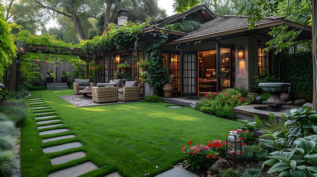 Charming backyard garden with stone path and flowers high resolution images