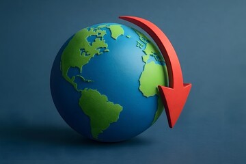 3D globe with downward trending red arrow, symbolic visualization illustrating global financial downturn, market decline, economic recession, and investment losses worldwide.