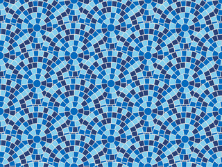 Fototapeta na wymiar Mosaic tile pattern Greek blue sea texture background Rome circular vector ornament. Ancient Mediterranean building stone pavement radial design. Vintage Italian bathroom decor illustration.