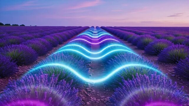 Endless rows lavender fields soft purple sky, each flower ambient music chromatic light, visible soft soundwaves ripple field, hypnotic visuals, moody cinematic tone, ambient dreamcore style