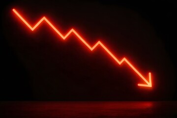 Futuristic neon red downward arrows against dark background, visualizing economic downturn, severe market instability, and negative financial trend illustration.