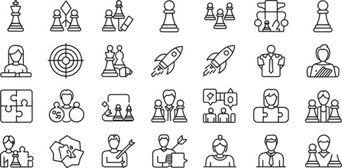 Business strategy set of web icons in line style. A collection of linear icon representing key business concepts, including market analysis, strategy, leadership, innovation, planning