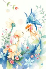 Obraz premium Whimsical Watercolor Creatures in a Blooming Garden