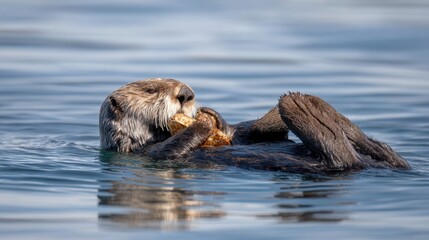 Fototapeta premium Sea Otter Lunch Break: Floating Feast in Calm Waters
