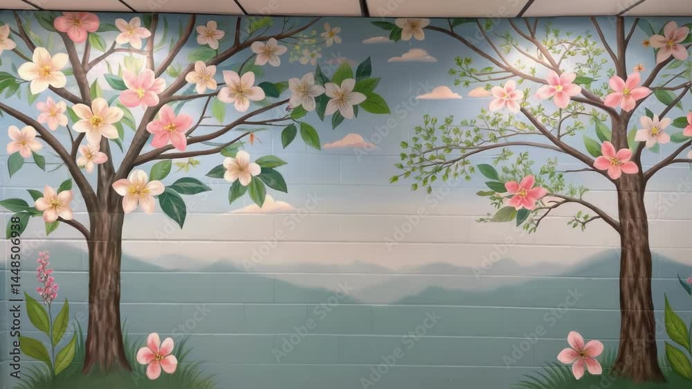 Poster a closeup of a freshly painted wall featuring an inspiring mural of nature scenes with blooming flow