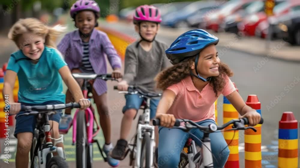 Aufkleber A closeup of a group of children riding bikes on a path lined with colorful reflective markers portraying enthusiasm for biking and public safety.