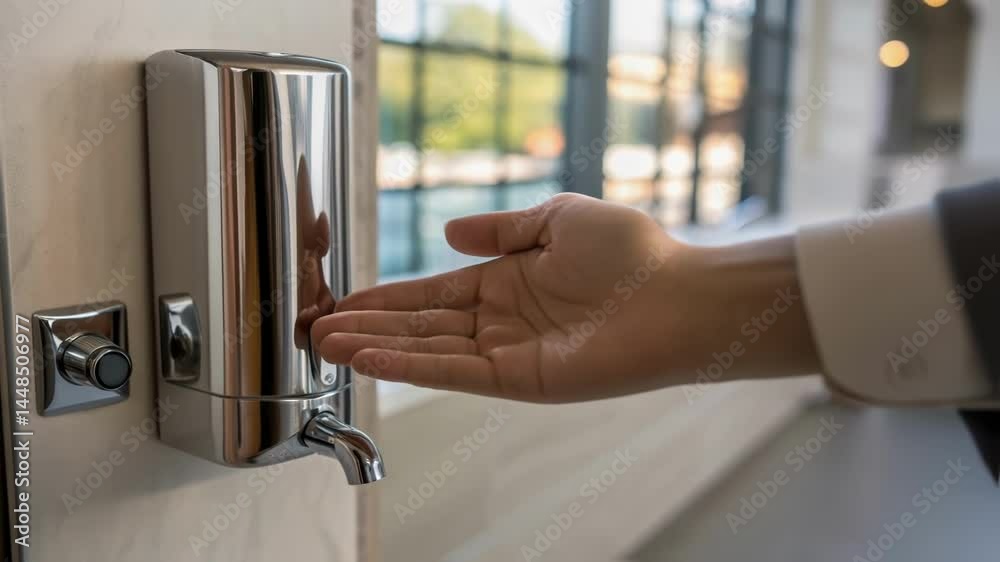 Poster a closeup of a hand sanitizer dispenser mounted on the wall emphasizing hygiene practices in a polis
