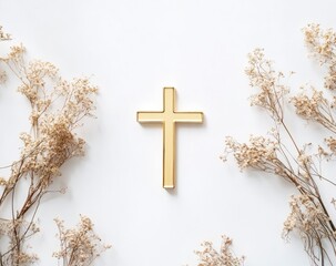 Golden Cross with Dried Flowers: Minimalist Serenity