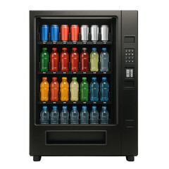 A sleek black vending machine stocked with rows of colorful canned and bottled beverages awaiting selection.