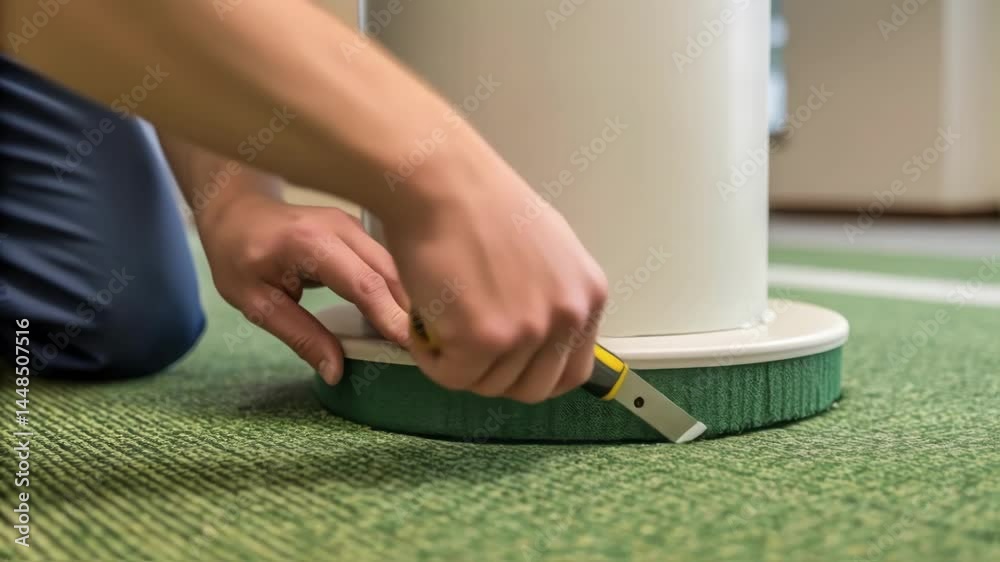 Poster A closeup of an installers hands using a carpet knife precisely ting the ecofriendly carpet to fit around a rounded office column.
