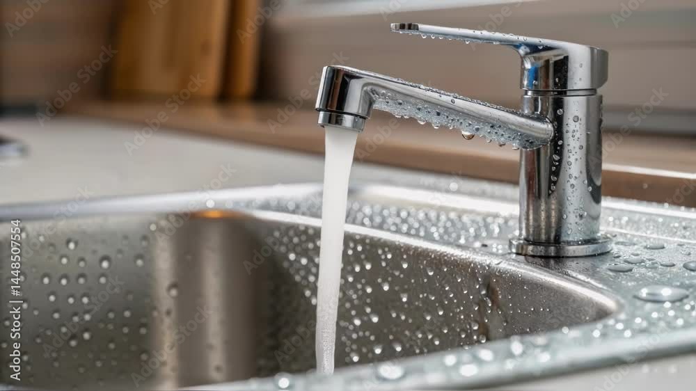 Poster a closeup of an upgraded sink with a modern faucet glistening with water droplets emphasizing cleanl