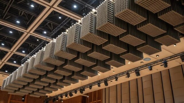 A closeup of an intricate array of hanging acoustic baffles suspended from the auditorium ceiling engineered to reduce echo and improve sound clarity.
