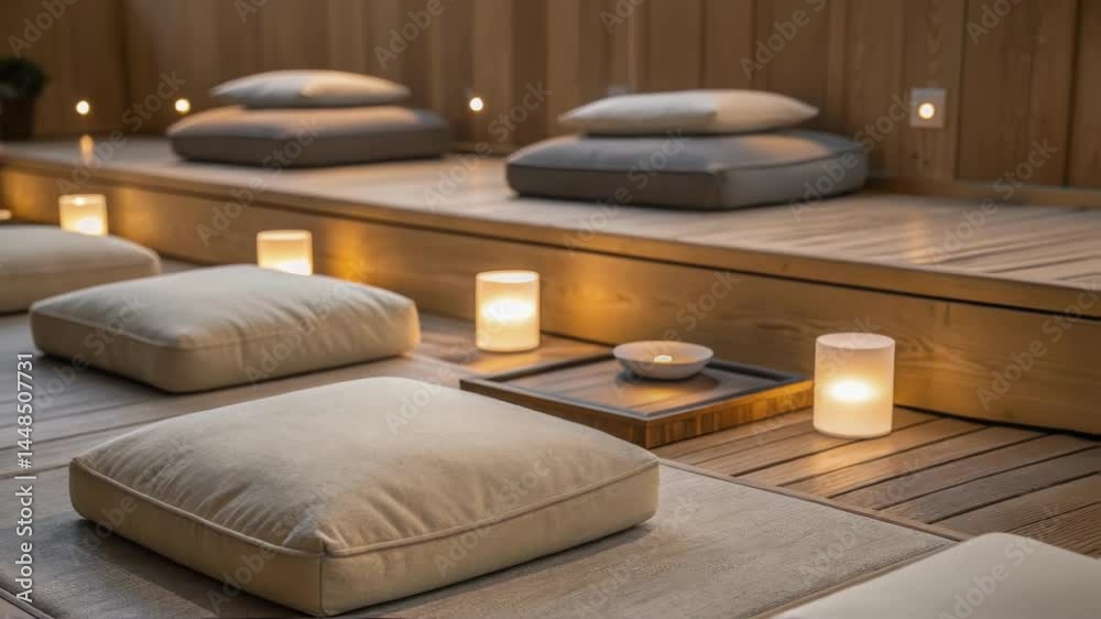 Aufkleber a closeup of a quiet meditation corner with cushioned ergonomic floor seating and soft ambient light
