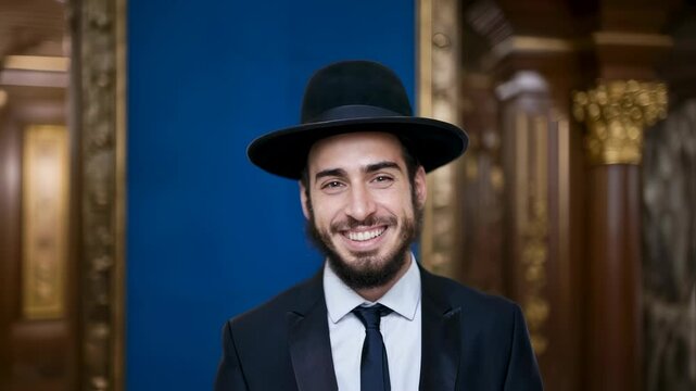 Cheerful jewish man smiles wearing a hat and suit. Jewish traditions and holidays concept. Orthodox jew radiating positivity for religious themes.