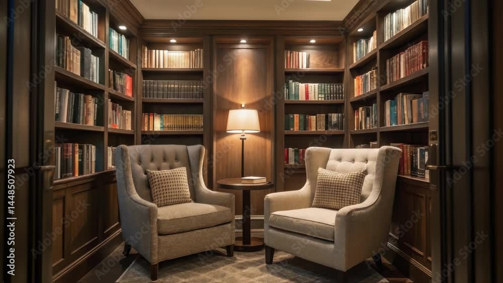 Poster a closeup of a serene reading nook filled with bookshelves cozy lighting and comfortable seating inv