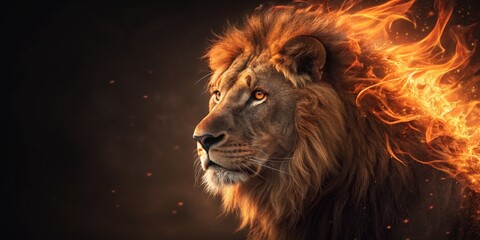 Naklejka premium A high-resolution photo of a lion with a mane made of burning flames, dark background, surreal lighting, intense glowing effect, clear details