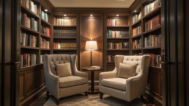 A closeup of a serene reading nook filled with bookshelves cozy lighting and comfortable seating inviting individuals to relax and refocus their thoughts.