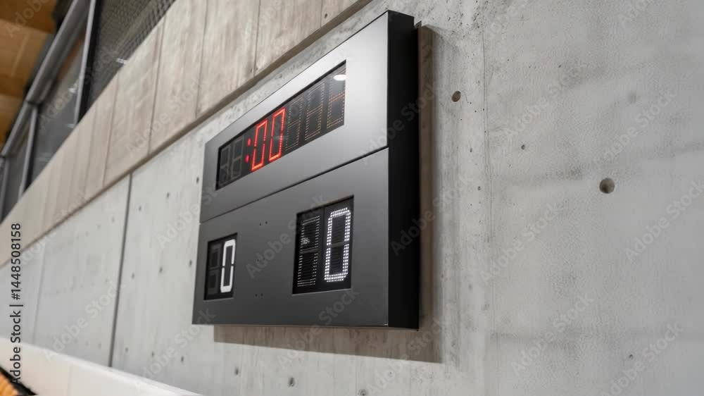 Poster A closeup of a sleek energyefficient scoreboard with a minimalist design focusing on the texture and finish against the rough concrete wall of a sports arena under renovation.