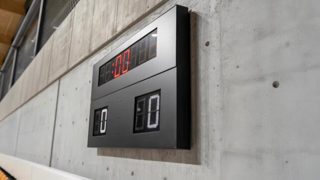 A closeup of a sleek energyefficient scoreboard with a minimalist design focusing on the texture and finish against the rough concrete wall of a sports arena under renovation.