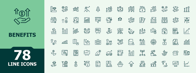 Benefits line icon set. Employee Benefit modern icon set. Minimal icons set. Contain linear sign bonus, benefit, reward, pay and more. Pixel perfect. Editable stroke.