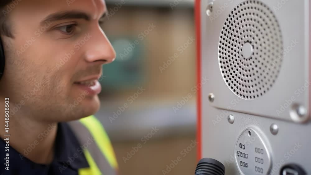 Poster A closeup of a technician adjusting the microphone and speaker components of an emergency call station highlighting attention to detail and functionality.