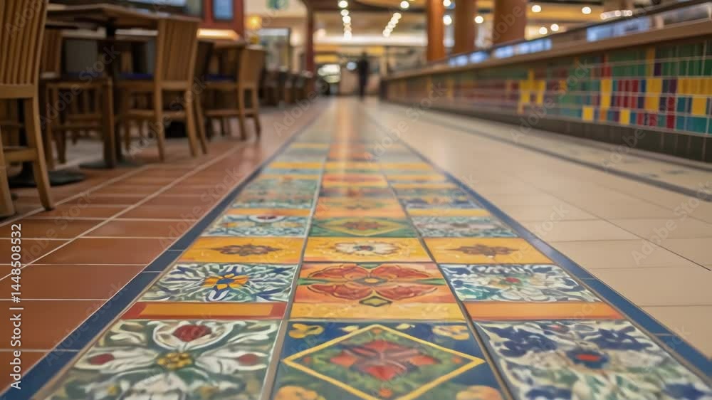Aufkleber A closeup of a unique flooring design featuring colorful tiles that lead patrons through the cafeteria guiding them toward different dining sections with visual interest.