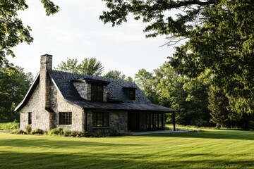 Obraz premium Beautiful stone house in a serene green landscape surrounded by tall trees during a calm afternoon with soft sunlight illuminating the exterior