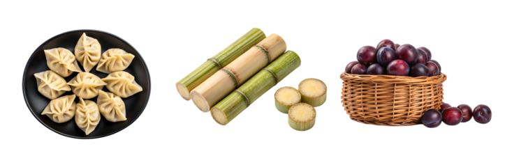 collection of food Dumplings, sugar cane and plums still life on transparent background