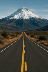 Scenic Mountain Road Leading to Majestic Snow-Capped Peak
