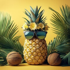 A whimsical pineapple, sporting sunglasses and a floral crown, surrounded by coconut and palm leaves. The image evokes the spirit of summer