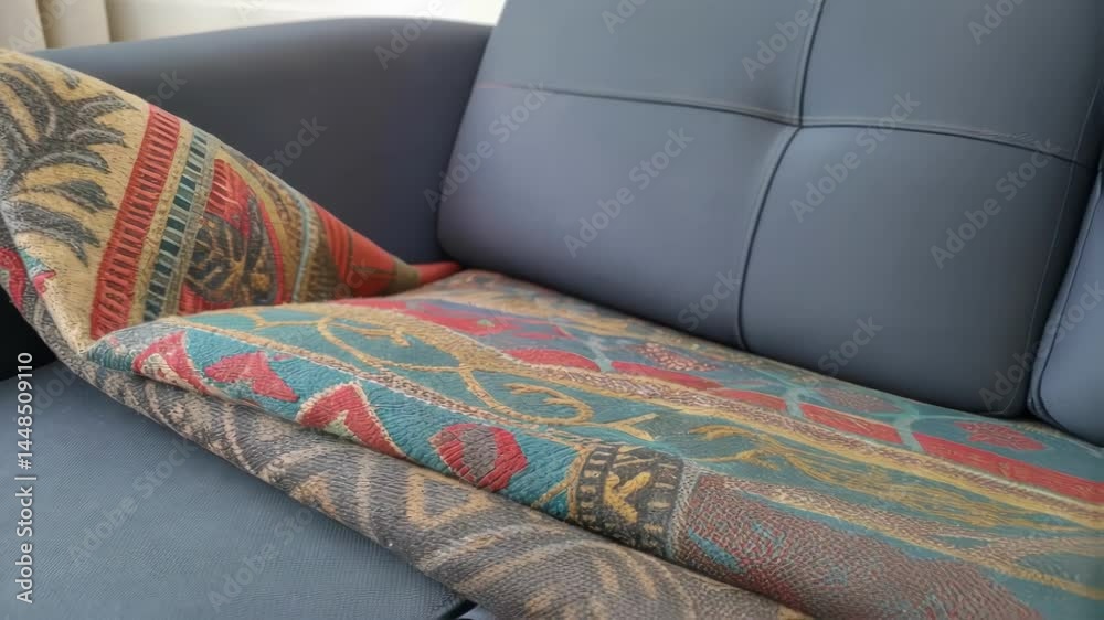 Poster a closeup of a wornout colorful textile being unraveled as its rep with a modern durable fabric for 