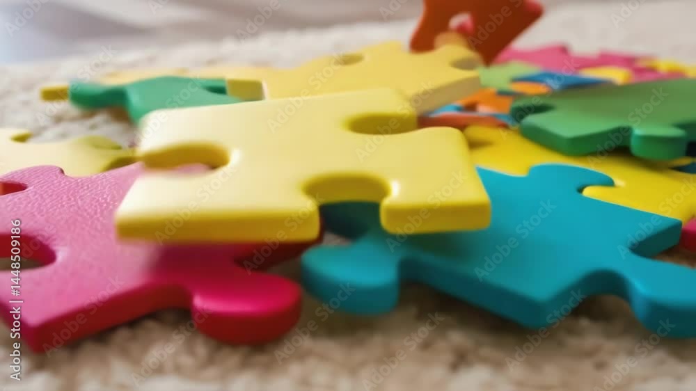 Poster a closeup of brightly colored puzzles tered on a plush carpet focusing on the unique shapes and vivi