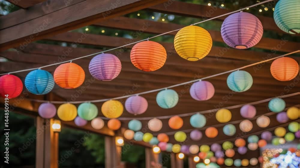 Poster A closeup of cheerful multicolored lanterns hanging from the beams of a shaded structure ready to light up the area for evening gatherings and celebrations.