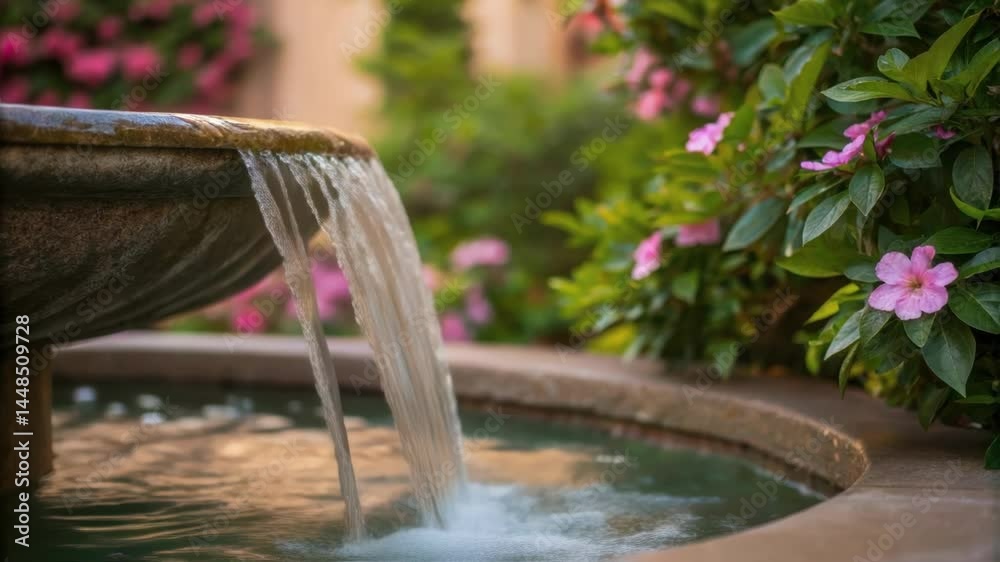 Poster a closeup of flowing water cascading from a fountain spout creating a serene atmosphere amidst surro