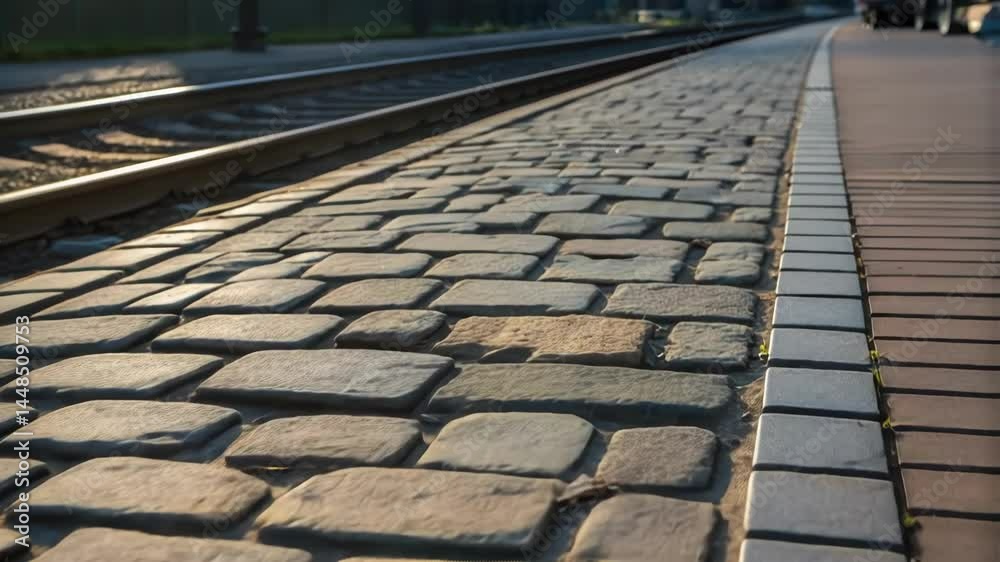 Poster a closeup of freshly laid cobblestones on the station platform showcasing the mix of old and new mat