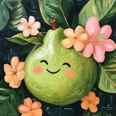 A friendly pear with a happy smile, surrounded by flowers and foliage. This image brings a cheerful and whimsical vibe