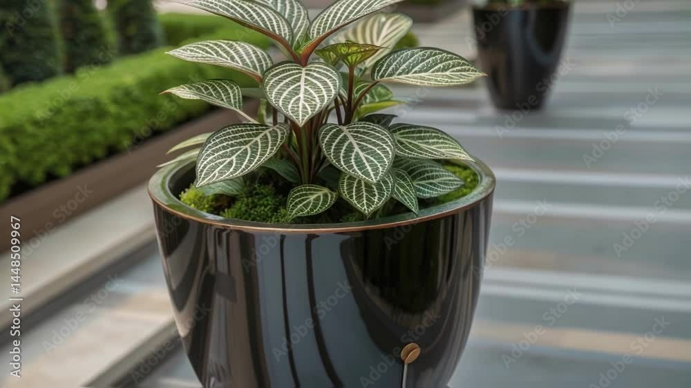 Poster A closeup of intricate patterns in the leaves of a s plant positioned elegantly in a glossy planter reflecting the curated greenery strategy.