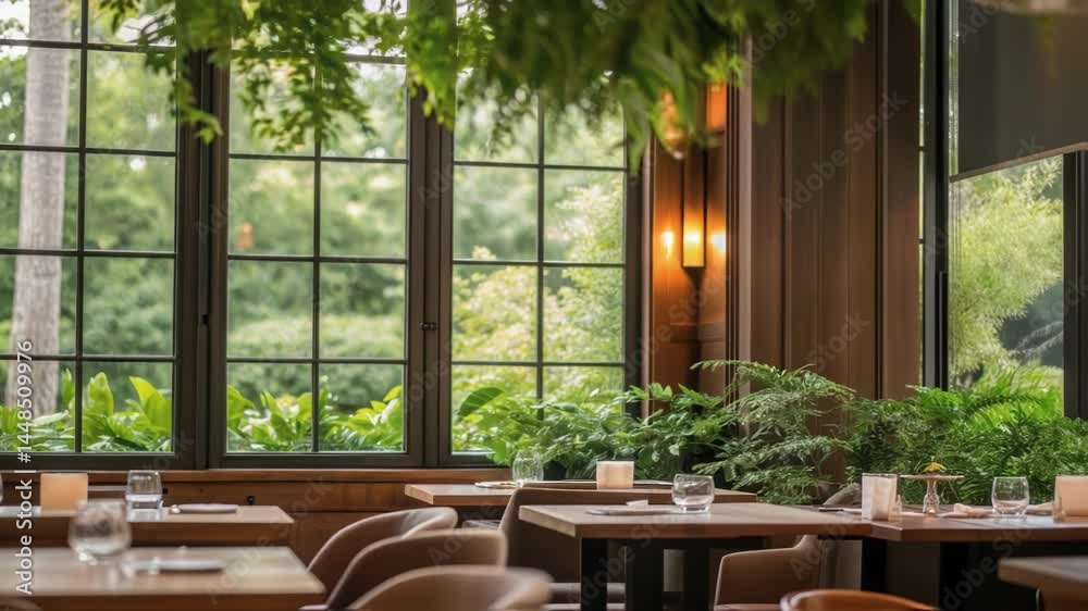 Poster A closeup of large windows allowing natural light to flood the dining space surrounded by greenery creating a refreshing and inviting atmosphere.