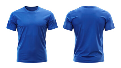 Blue t-shirt round neck template from two sides isolated on transparent white background, clipping path, pen tool 