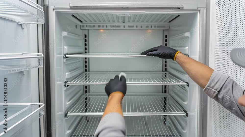 Aufkleber A closeup of removable shelves being installed inside the refrigeration unit with gloved hands adjusting the height for optimal product placement.