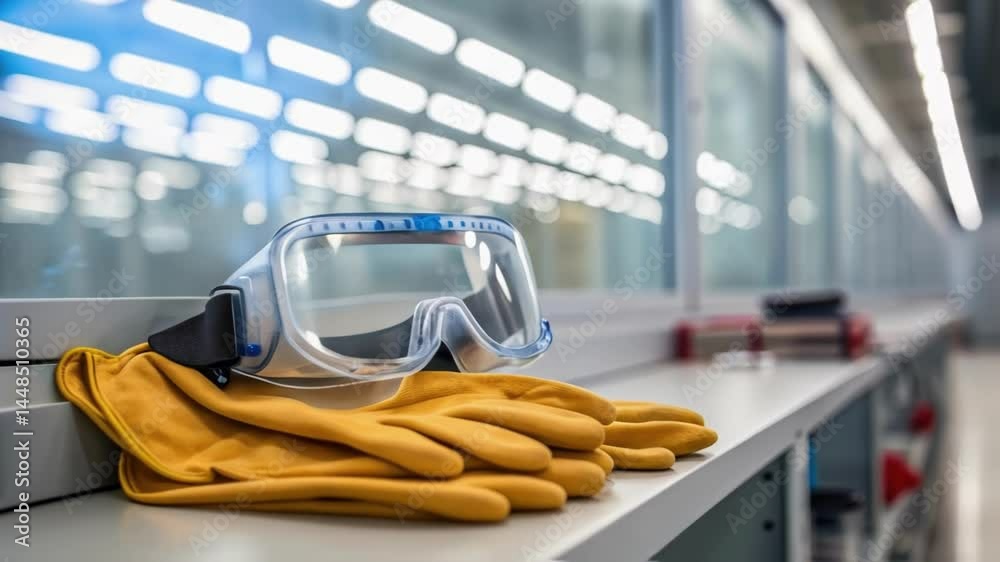 Aufkleber A closeup of safety goggles and gloves stacked on a shelf with reflections capturing the bright lights of the modern lab emphasizing safety and preparedness.