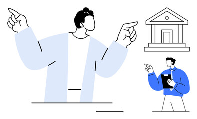 Large central figure pointing in two directions alongside a professional gesturing towards a building. Ideal for leadership, decision-making, mentorship, governance, authority, education