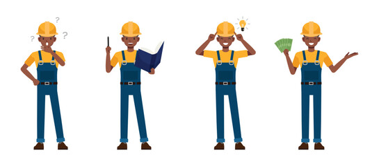 Construction worker thinking and get idea, holding money character vector illustration design set.
